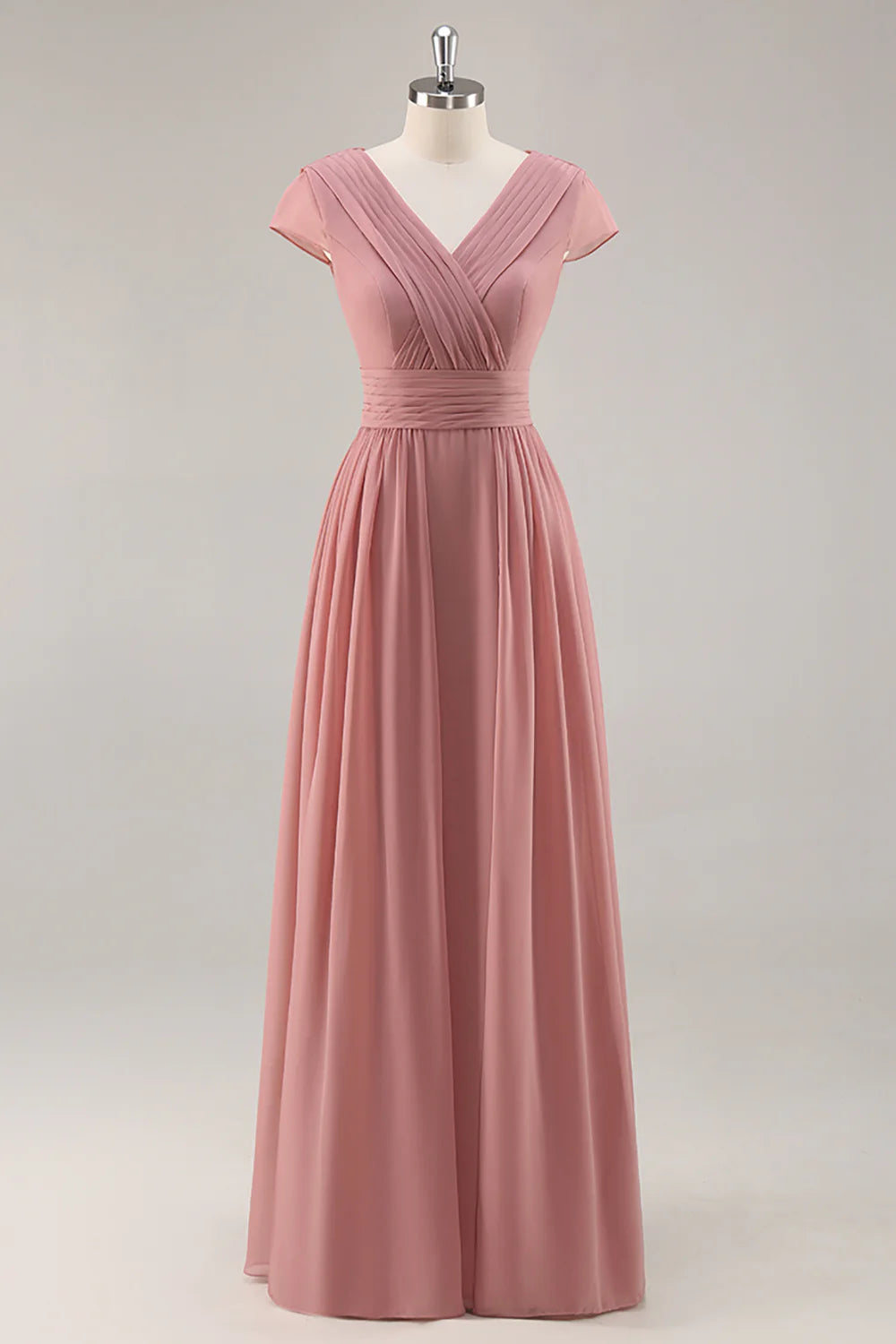 Dusty Rose A Line V Neck Chiffon Long Bridesmaid Dress