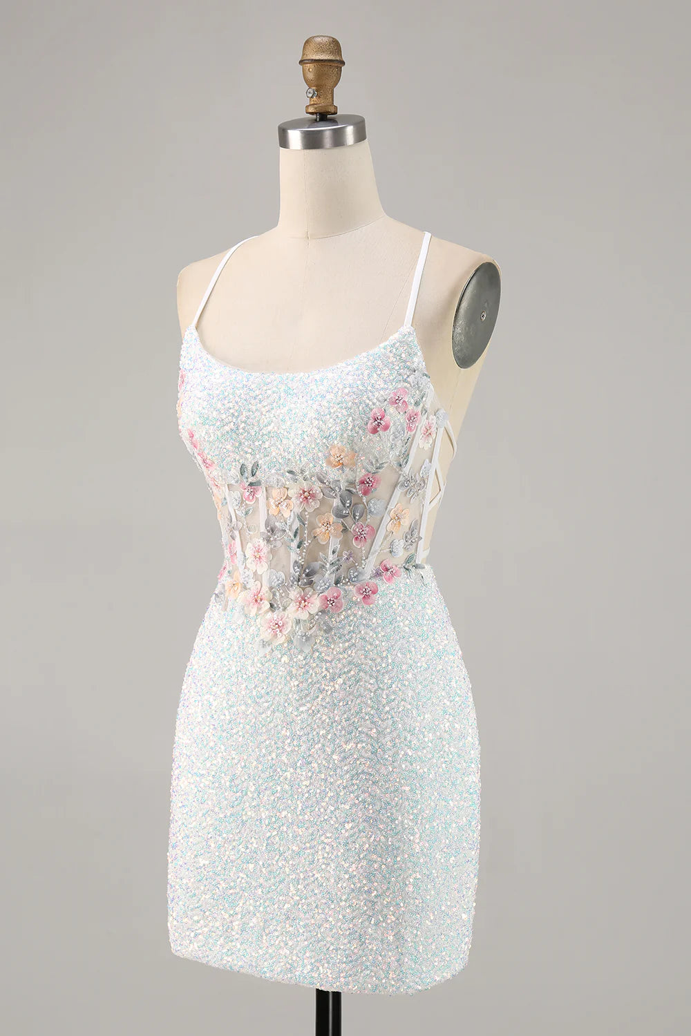 White spaghetti strap tight corset with sequins short back to school dress