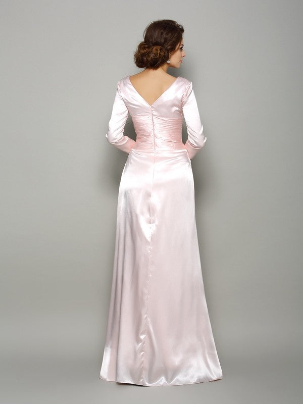 A-Line Silk like Satin V-neck Long Sleeves Floor-Length With Ruched Mother of the Bride Dresses