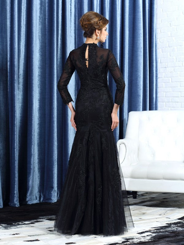 Mermaid Tulle High Neck Long Sleeves Floor-Length With Applique Mother of the Bride Dresses