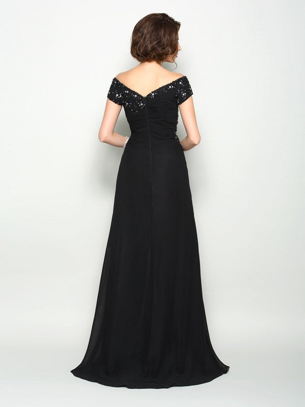 A-Line Chiffon Off-the-Shoulder Short Sleeves Sweep/Brush Train With Beading Mother of the Bride Dresses