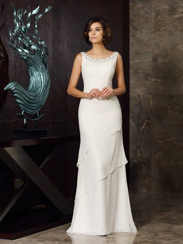 Sheath Chiffon Scoop Sleeveless Floor-Length With Beading Mother of the Bride Dresses