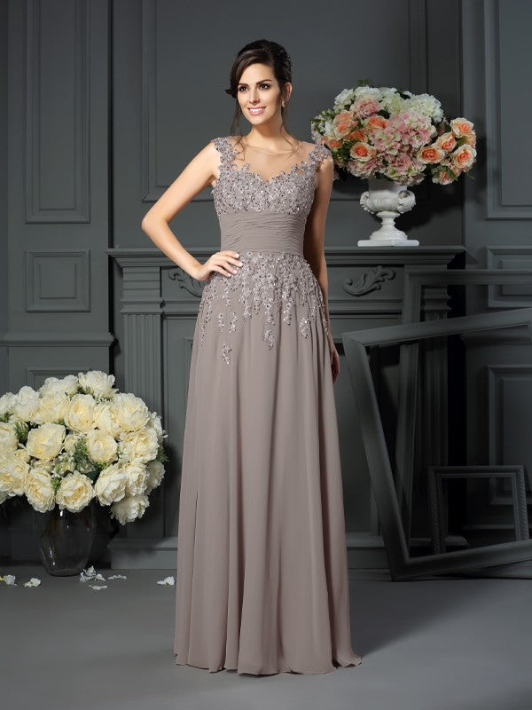 A-Line Chiffon Scoop Sleeveless Floor-Length With Beading Mother of the Bride Dresses