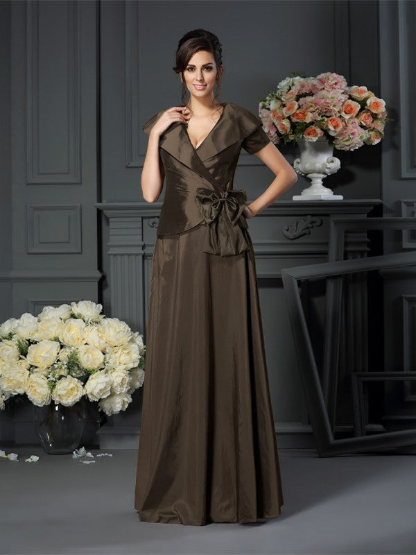 A-Line Taffeta V-neck Short Sleeves Floor-Length With Bowknot Mother of the Bride Dresses