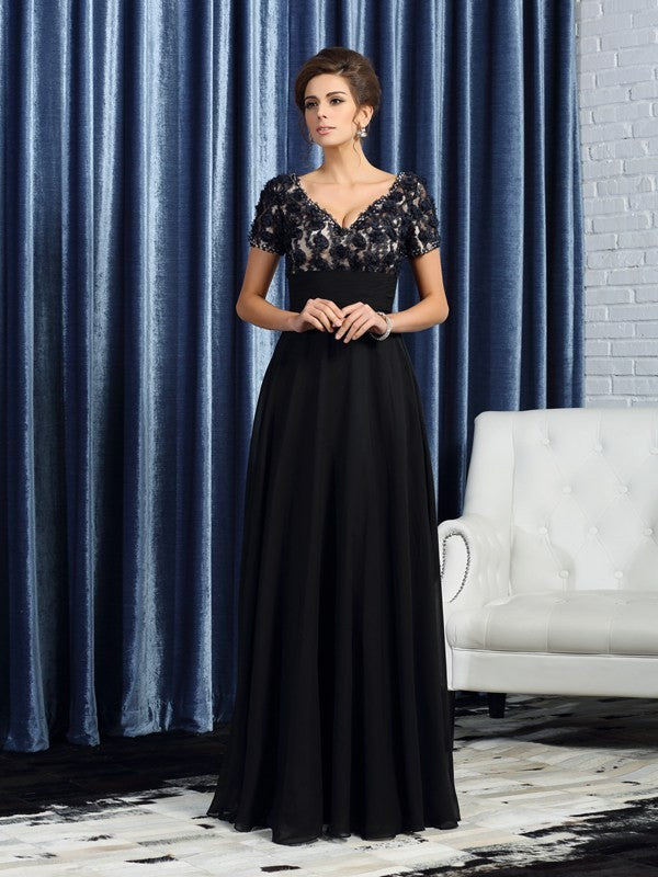 A-Line Chiffon V-neck Short Sleeves Floor-Length With Lace Mother of the Bride Dresses
