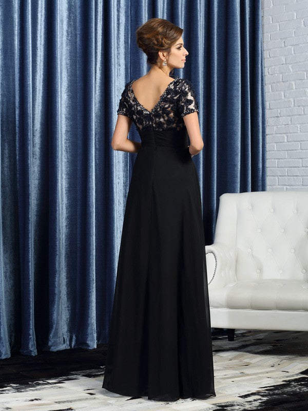 A-Line Chiffon V-neck Short Sleeves Floor-Length With Lace Mother of the Bride Dresses
