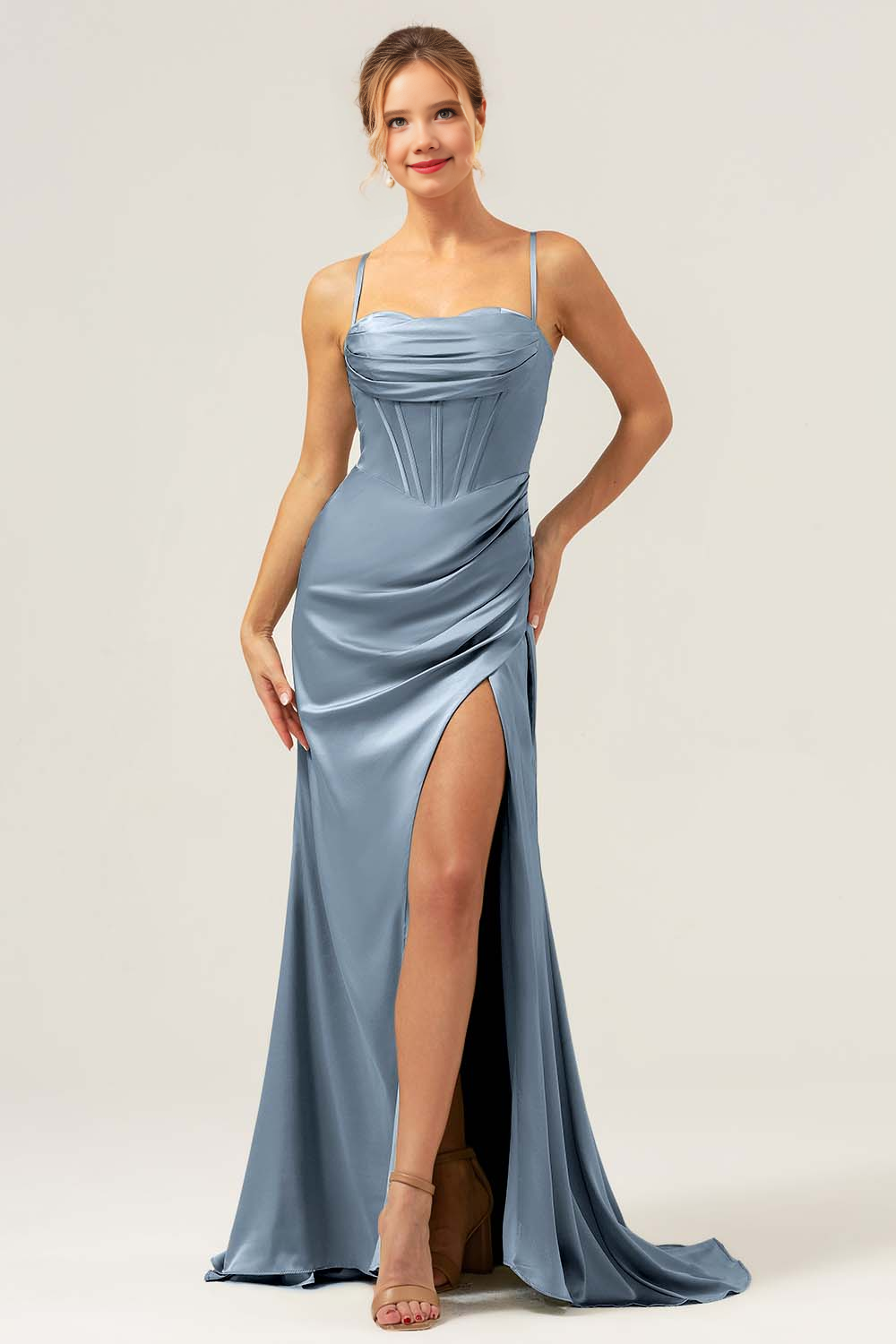 Collar pleated satin bridesmaid dress with slit