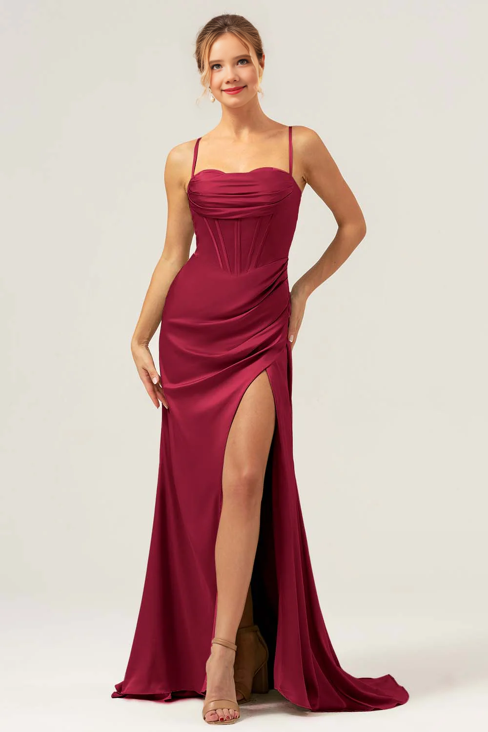 Collar pleated satin bridesmaid dress with slit