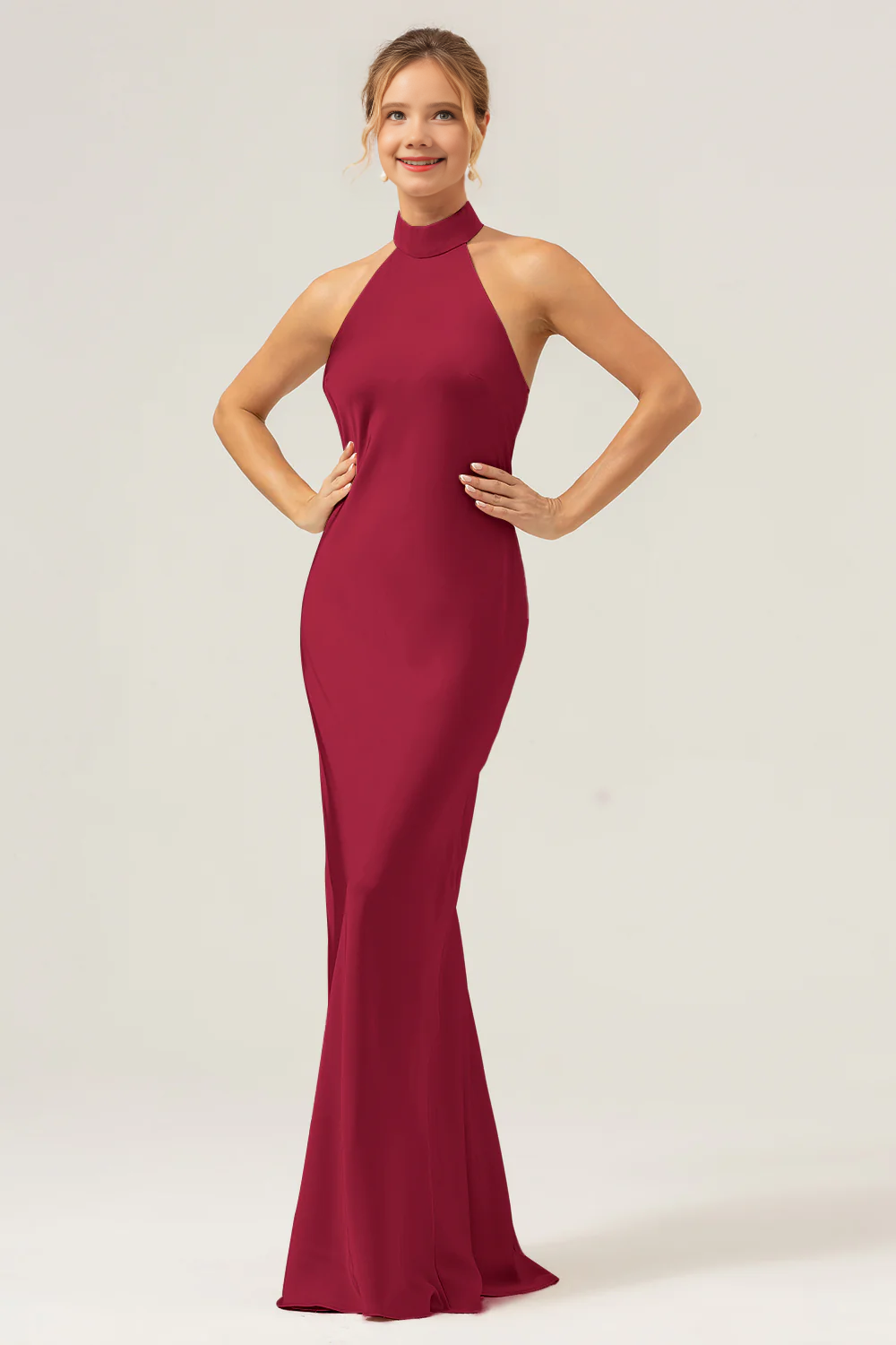 Hanging neck backless long satin bridesmaid dress with slit