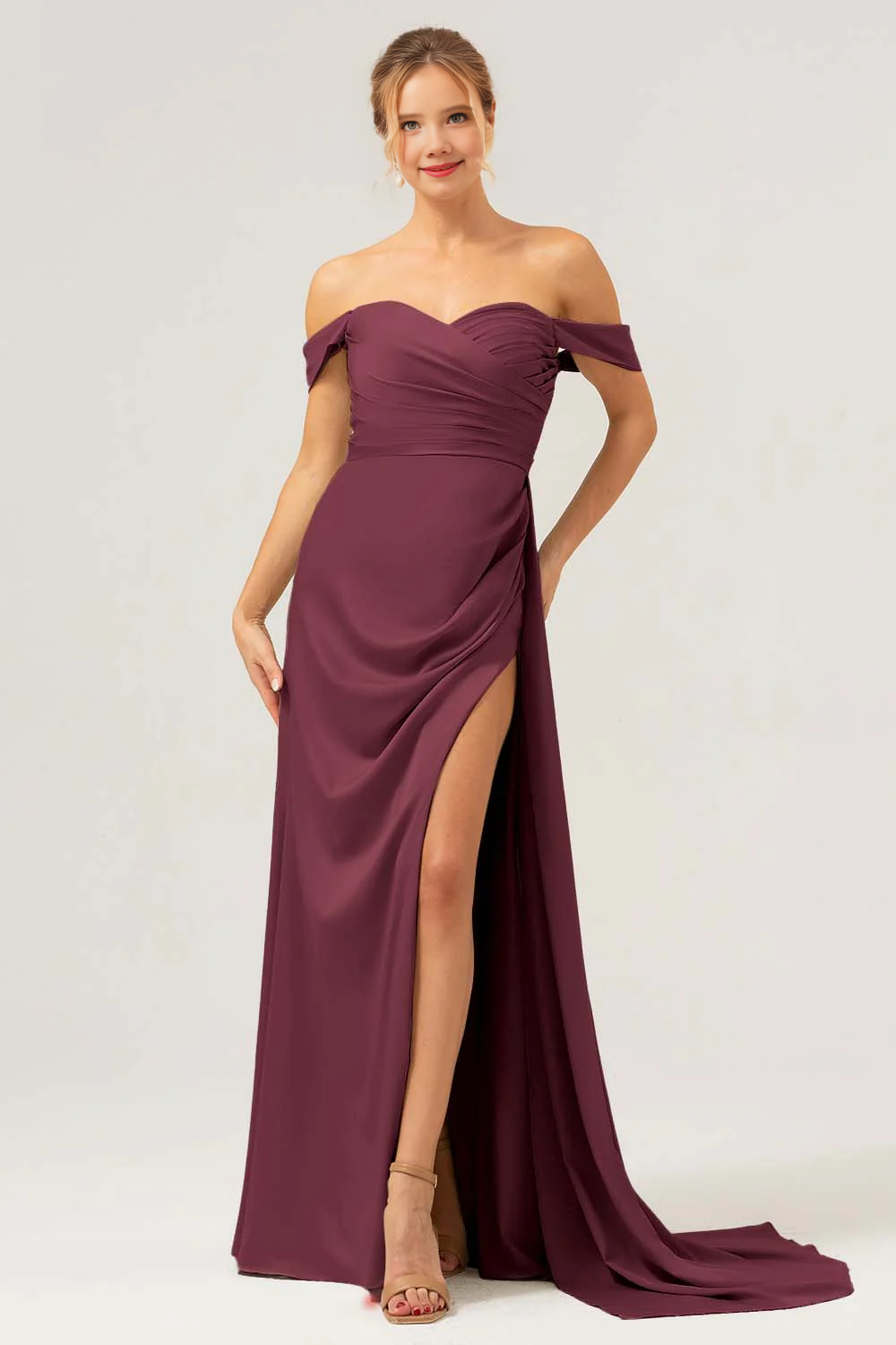 Fashionable mermaid off shoulder pleated satin long bridesmaid dress with slit