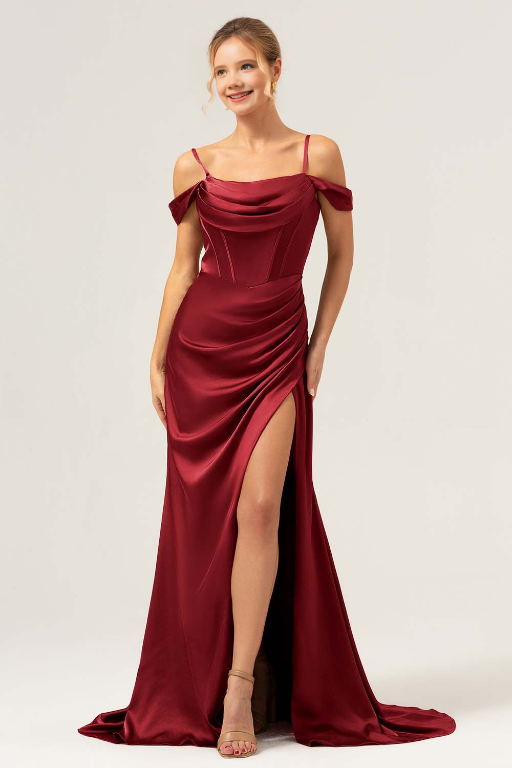 Mermaid cold shoulder pleated long satin bridesmaid dress with slit