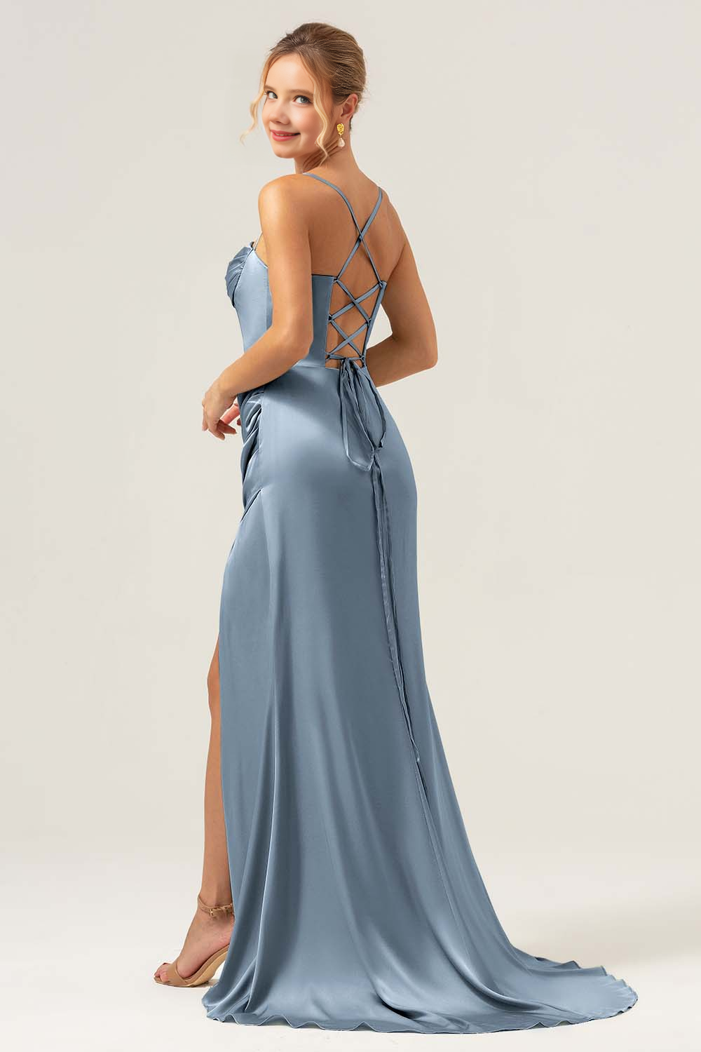 Collar pleated satin bridesmaid dress with slit