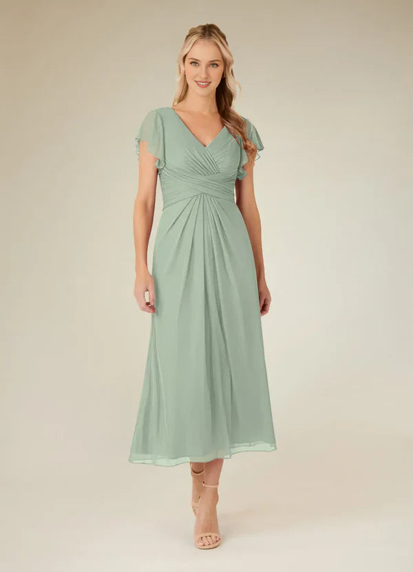 Eucalyptus tree A-line V-neck pleated mesh tea long mother of bride dress