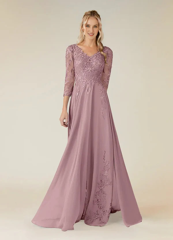 A-line V-neck lace chiffon and floor length mother of the bride dress