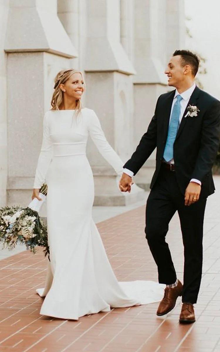 Elegant long sleeved dignified mermaid summer wedding dress, simple satin long sleeved minimalist dress