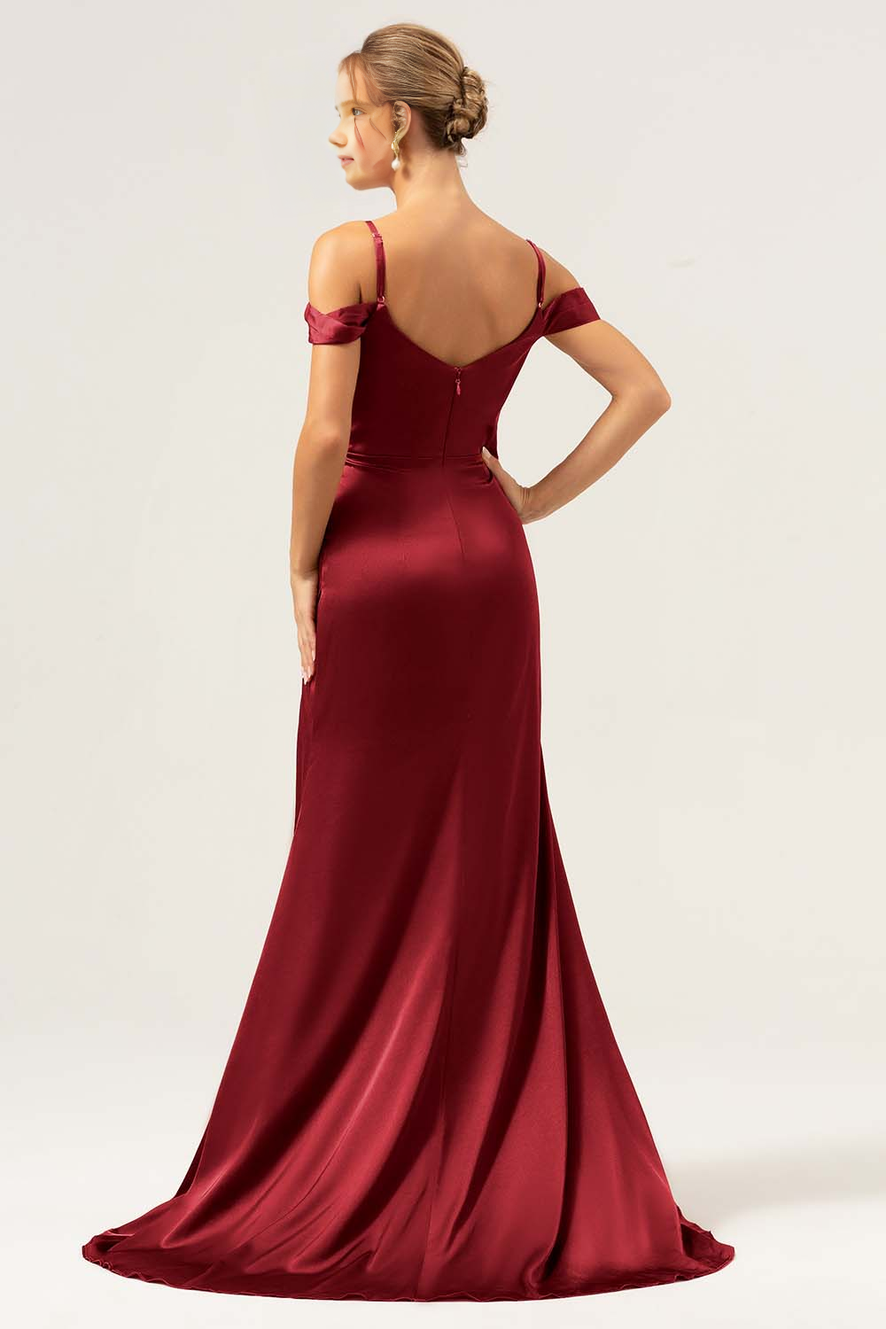 Mermaid cold shoulder pleated long satin bridesmaid dress with slit