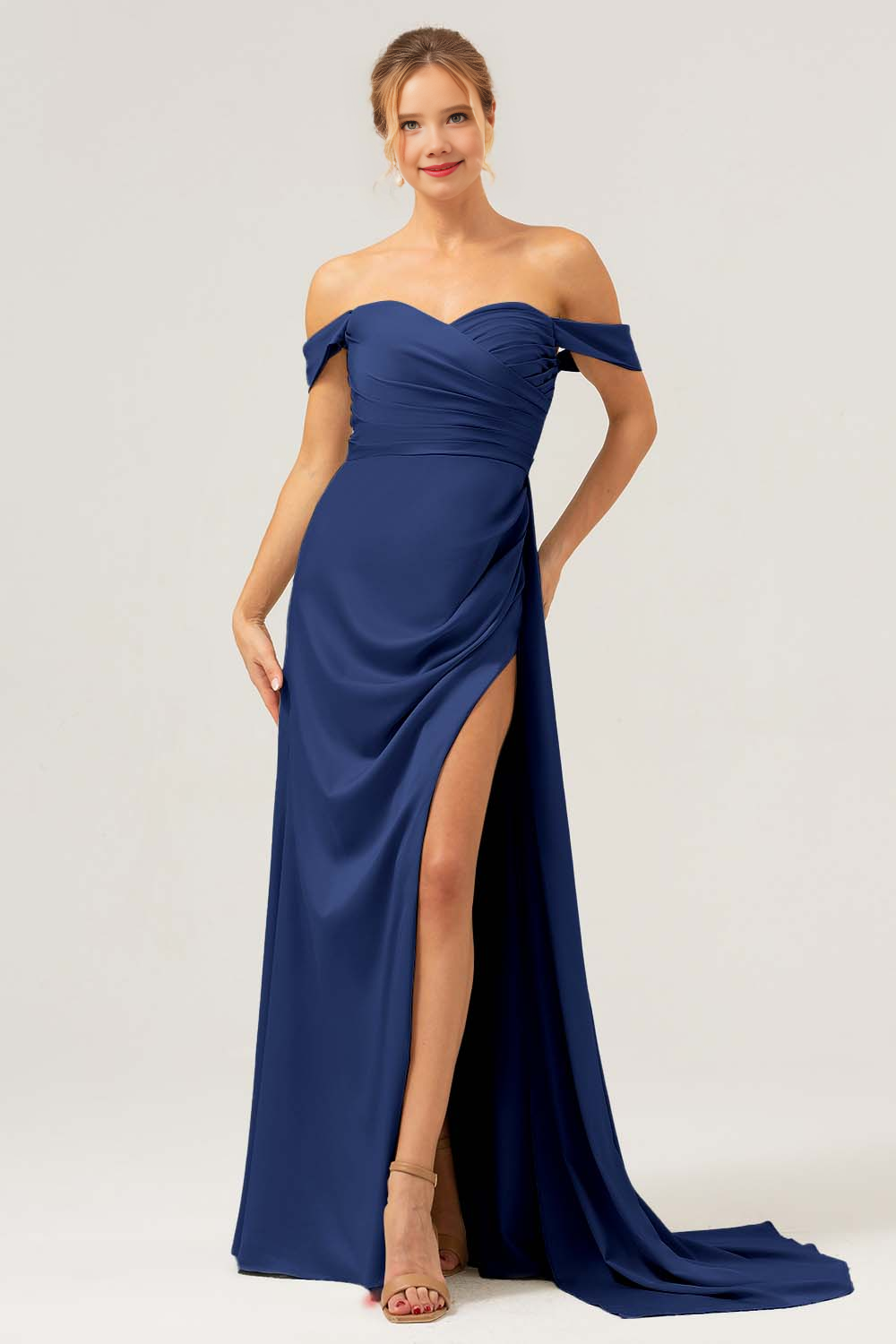 Fashionable mermaid off shoulder pleated satin long bridesmaid dress with slit