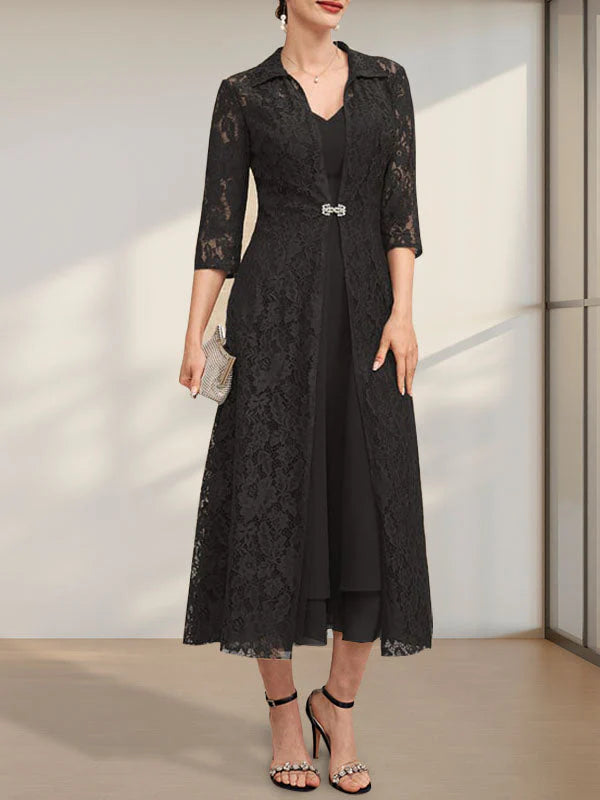 V-Neck Tea-Length Chiffon Mother of the Bride Dress