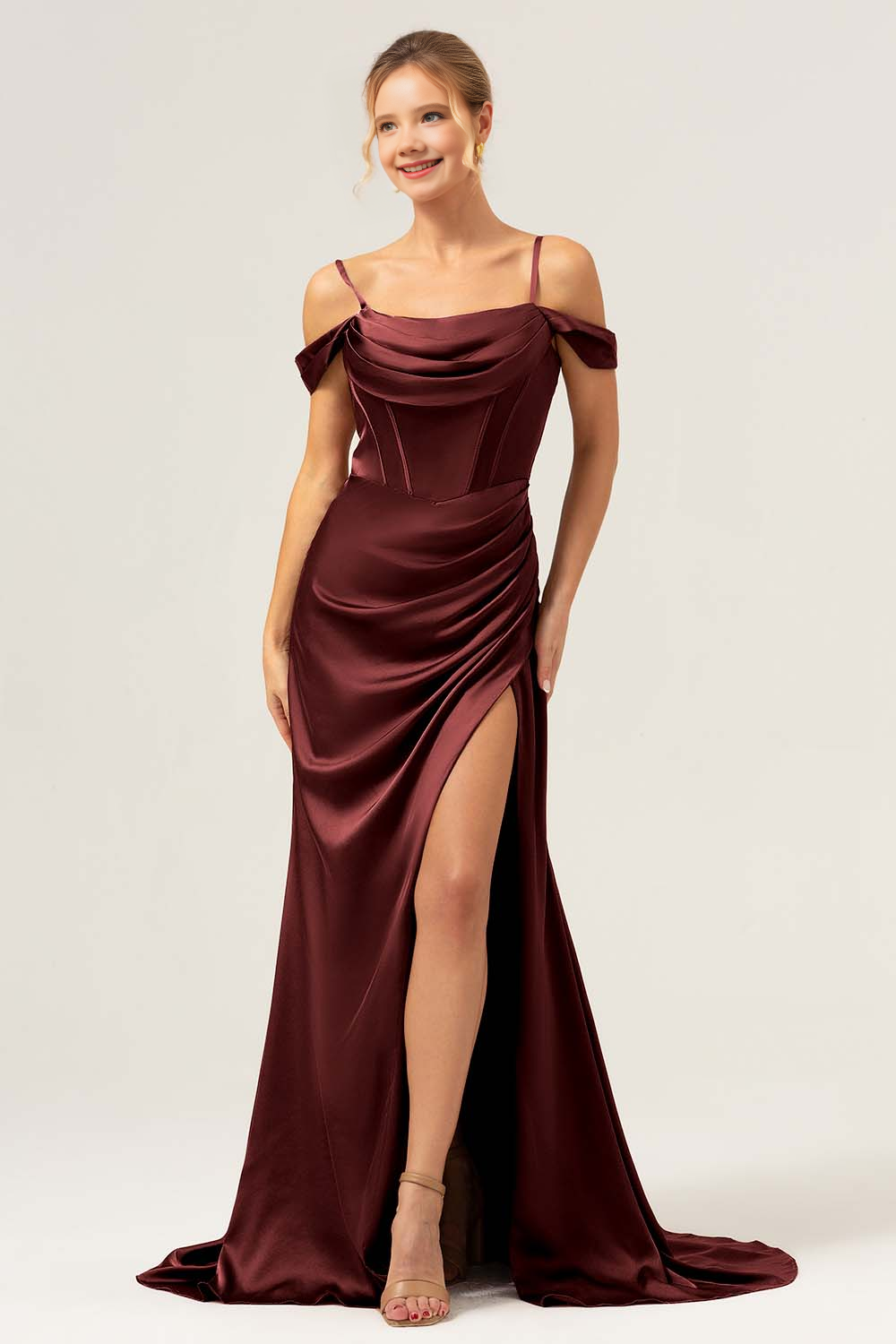 Mermaid cold shoulder pleated long satin bridesmaid dress with slit