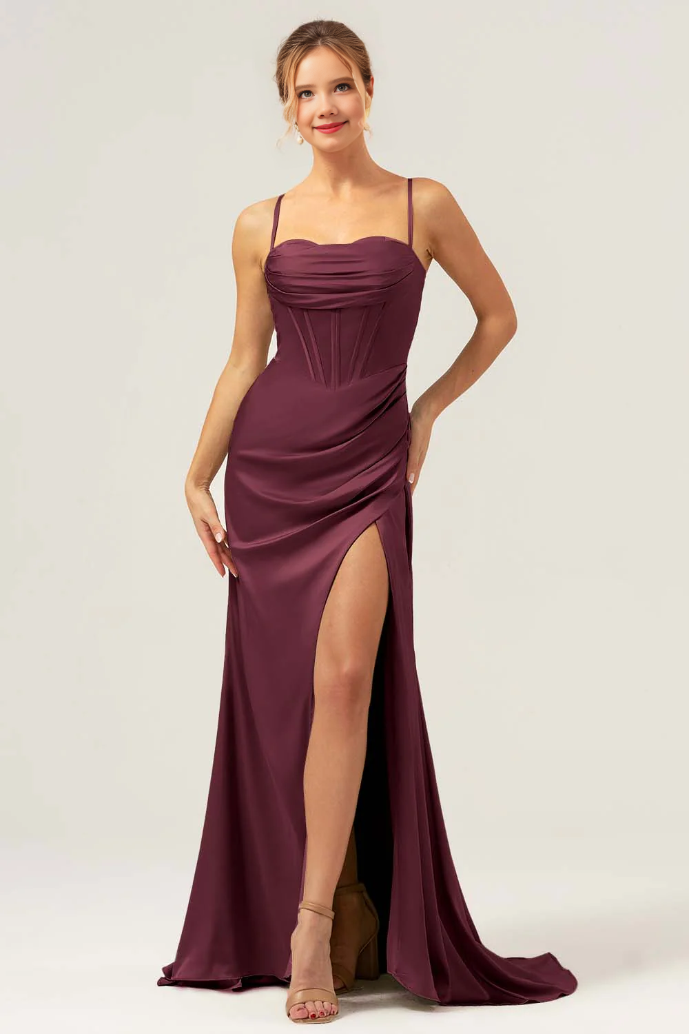 Collar pleated satin bridesmaid dress with slit