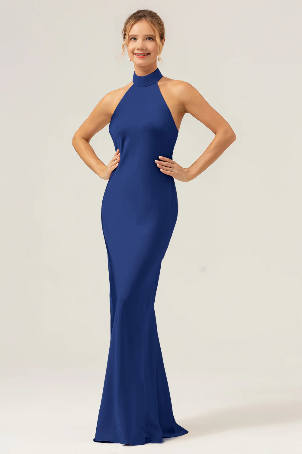 Hanging neck backless long satin bridesmaid dress with slit