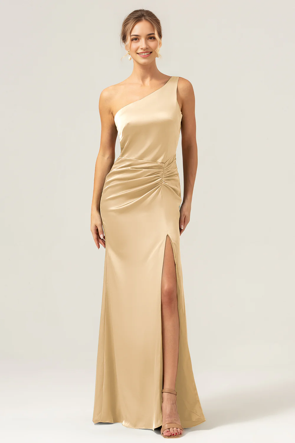 Elegant mermaid one shoulder pleated backless bridesmaid dress