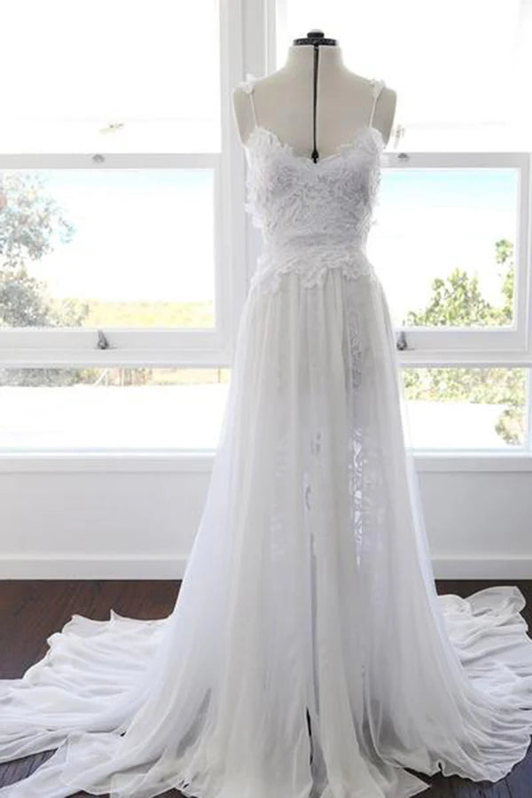 Simple thin suspender backless lace decal beach wedding dress