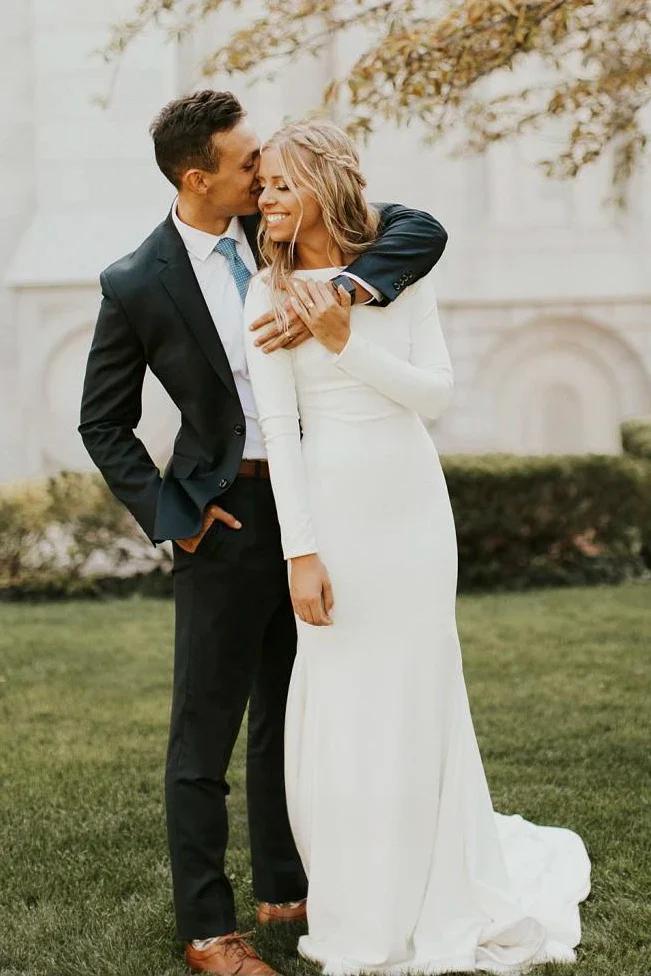 Elegant long sleeved dignified mermaid summer wedding dress, simple satin long sleeved minimalist dress
