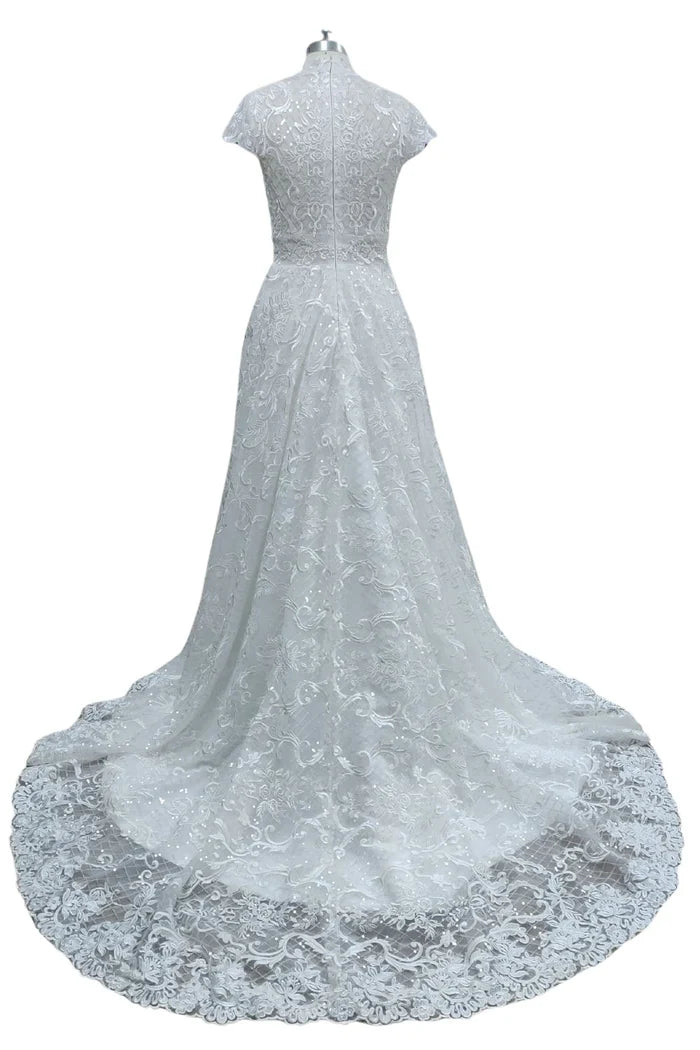 Decal high neck lace wedding dress with sequins