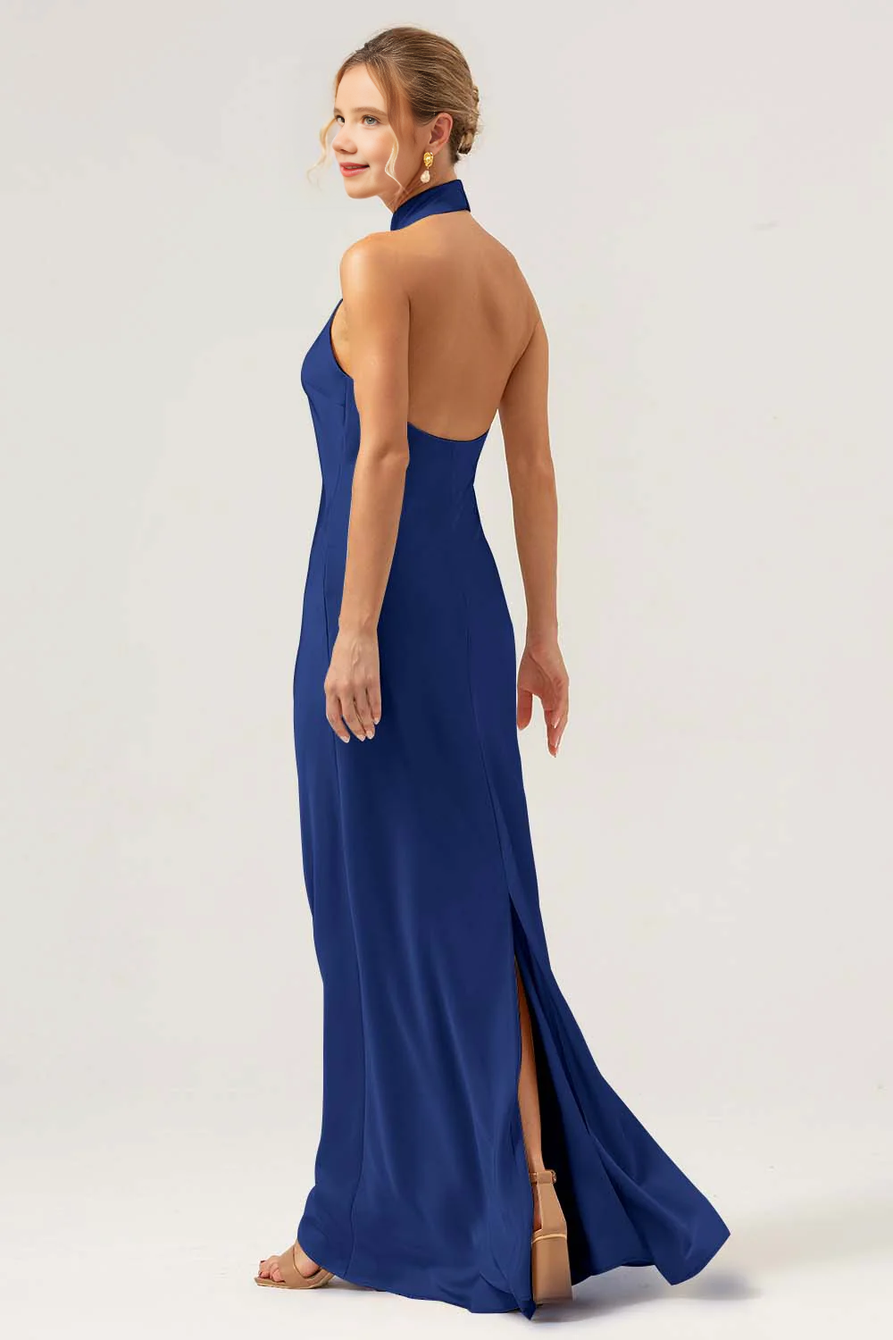 Hanging neck backless long satin bridesmaid dress with slit