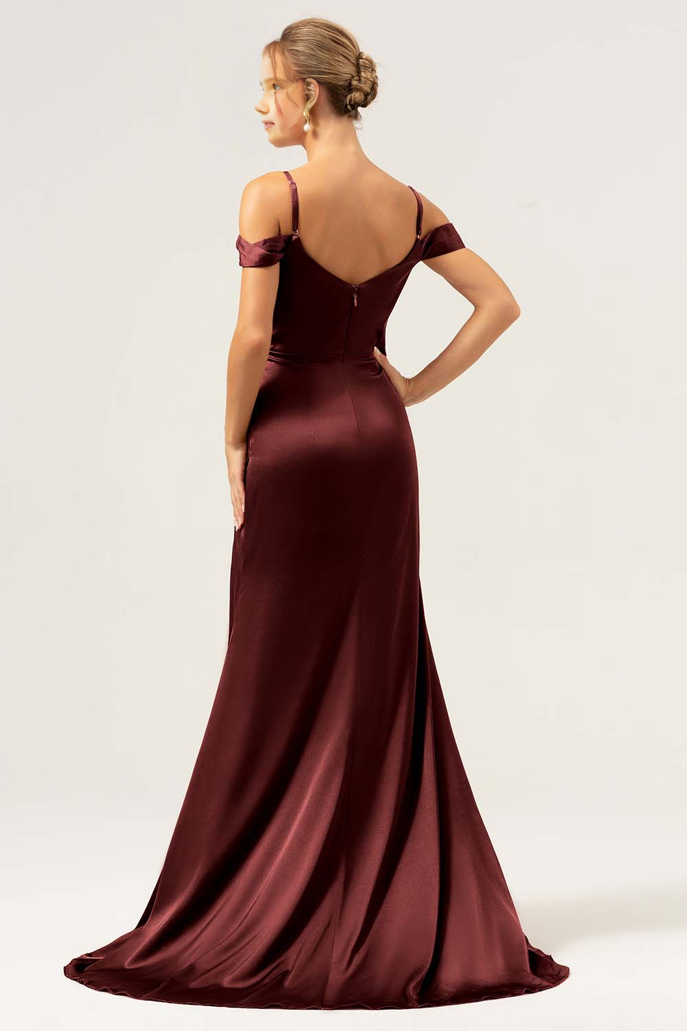 Mermaid cold shoulder pleated long satin bridesmaid dress with slit