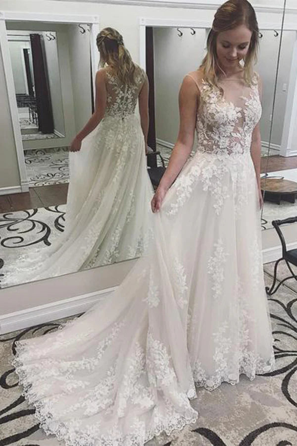 Elegant transparent sleeveless sheer lace applique wedding dress