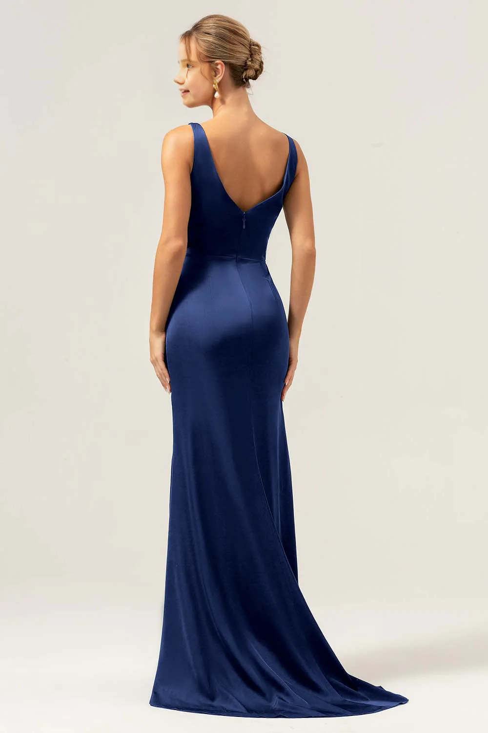 Mermaid V-neck pleated high-low satin bridesmaid dress with slit