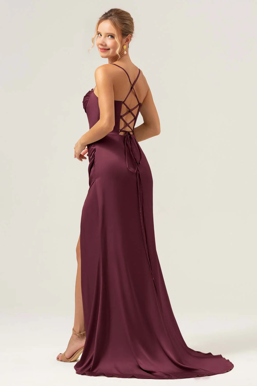 Collar pleated satin bridesmaid dress with slit