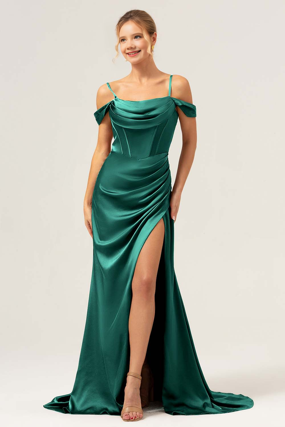 Mermaid cold shoulder pleated long satin bridesmaid dress with slit