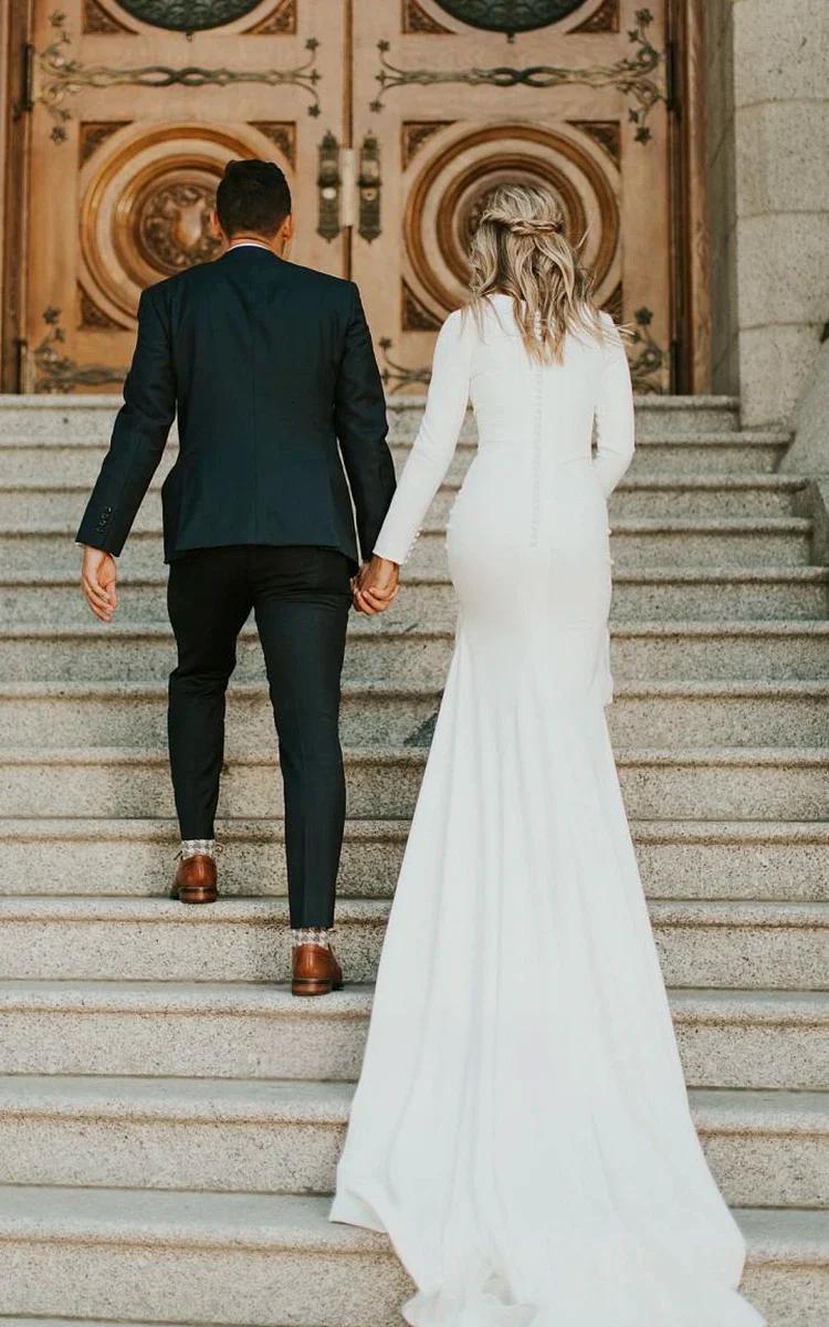 Elegant long sleeved dignified mermaid summer wedding dress, simple satin long sleeved minimalist dress