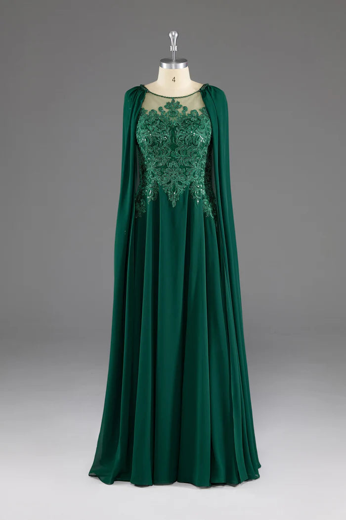 Dark Green A-Line Lace Appliques Chiffon Prom Dress