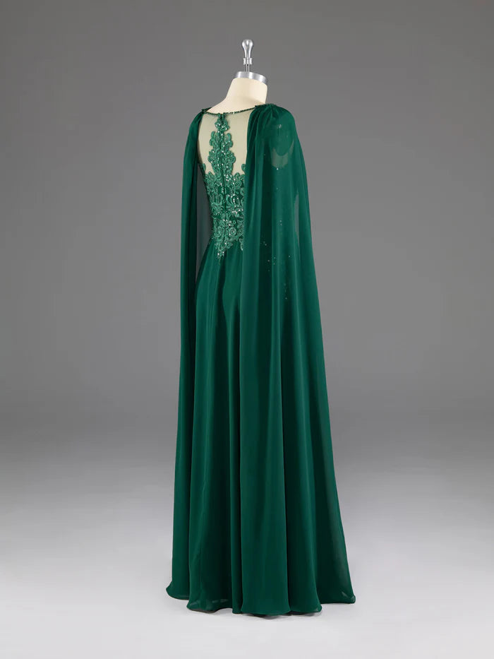 Dark Green A-Line Lace Appliques Chiffon Prom Dress