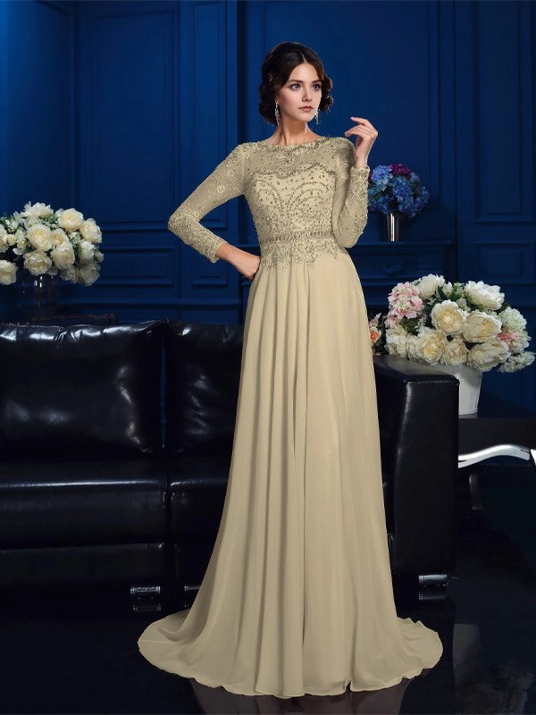 A-Line Chiffon Scoop Long Sleeves Sweep/Brush Train With Beading Mother of the Bride Dresses