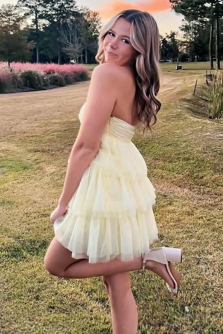 A-Line Empire-Waist Strapless Tiered Tulle Short Homecoming Dress