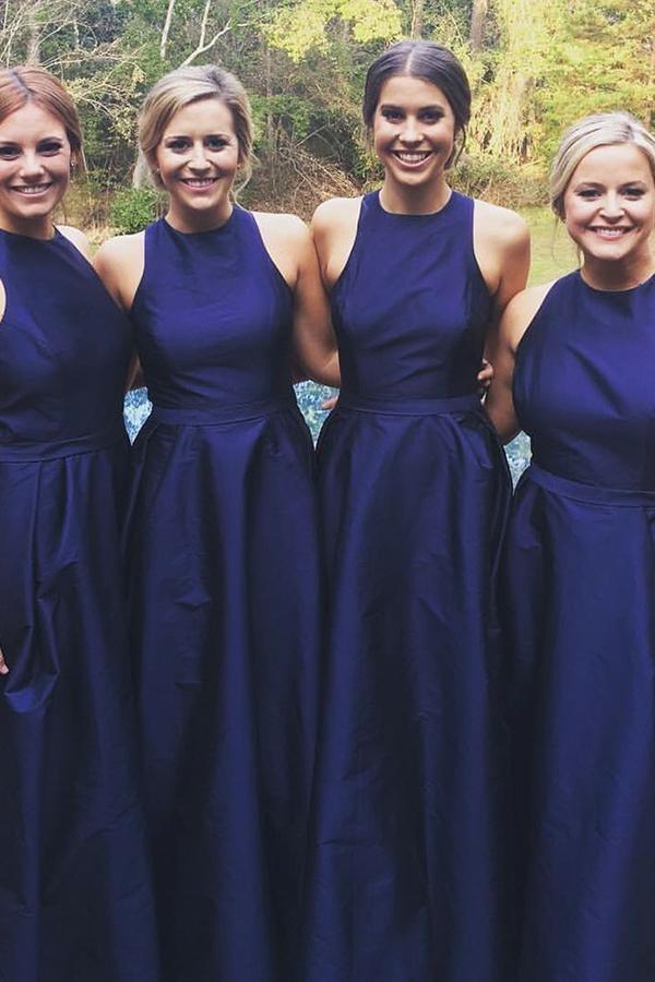 A-Line Jewel Floor-Length Navy Blue Sleeveless Satin Bridesmaid Dress