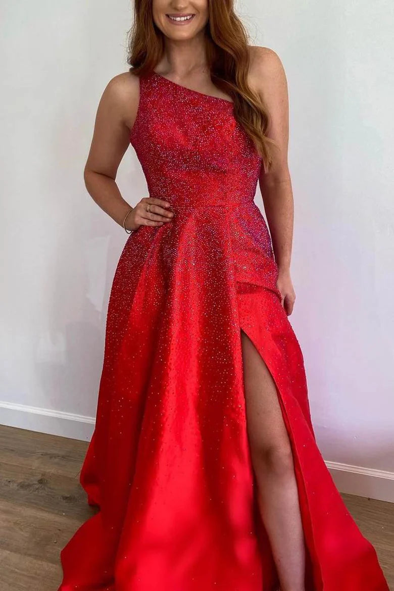 A-Line One Shoulder Beaded Long Formal Ball Dress with Split