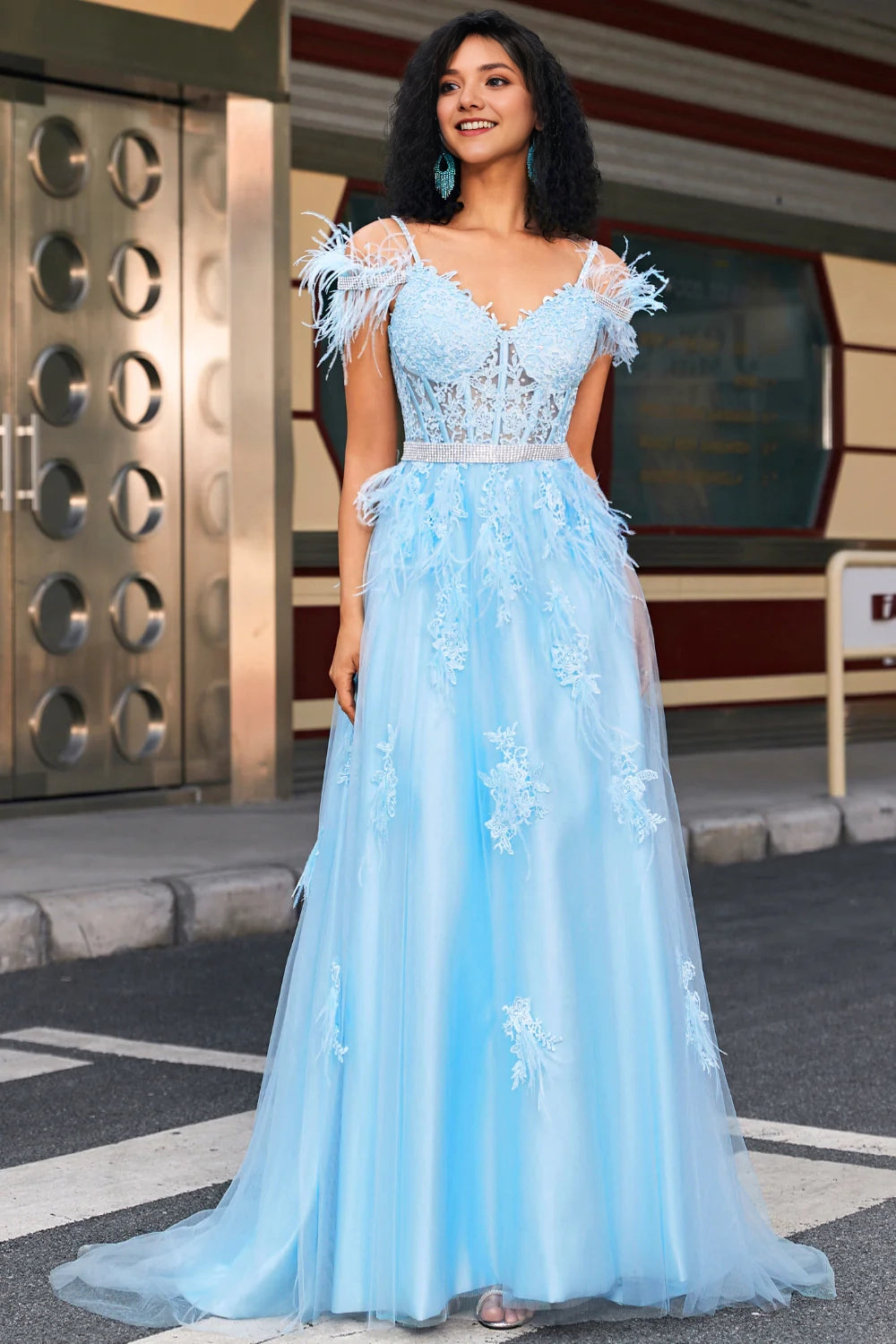 A-Line Rhinestones Accents Corset Light Blue Prom Dress With Appliques