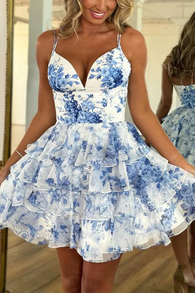 A-Line Spaghetti Straps V-Neck Ruffles Chiffon Short Homecoming Dress