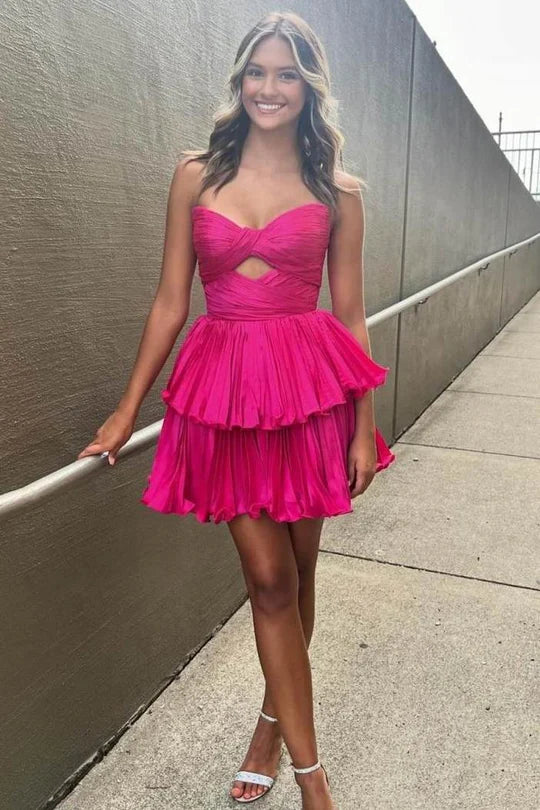 A-Line Strapless V-Neck Pleated Ruffles Sleeveless Short Homecoming Dress