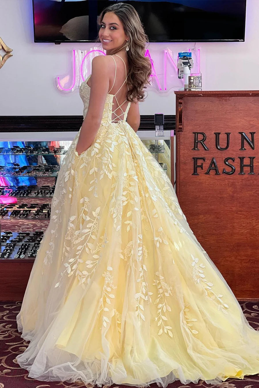 A-Line thin suspender backless embroidered long ball gown
