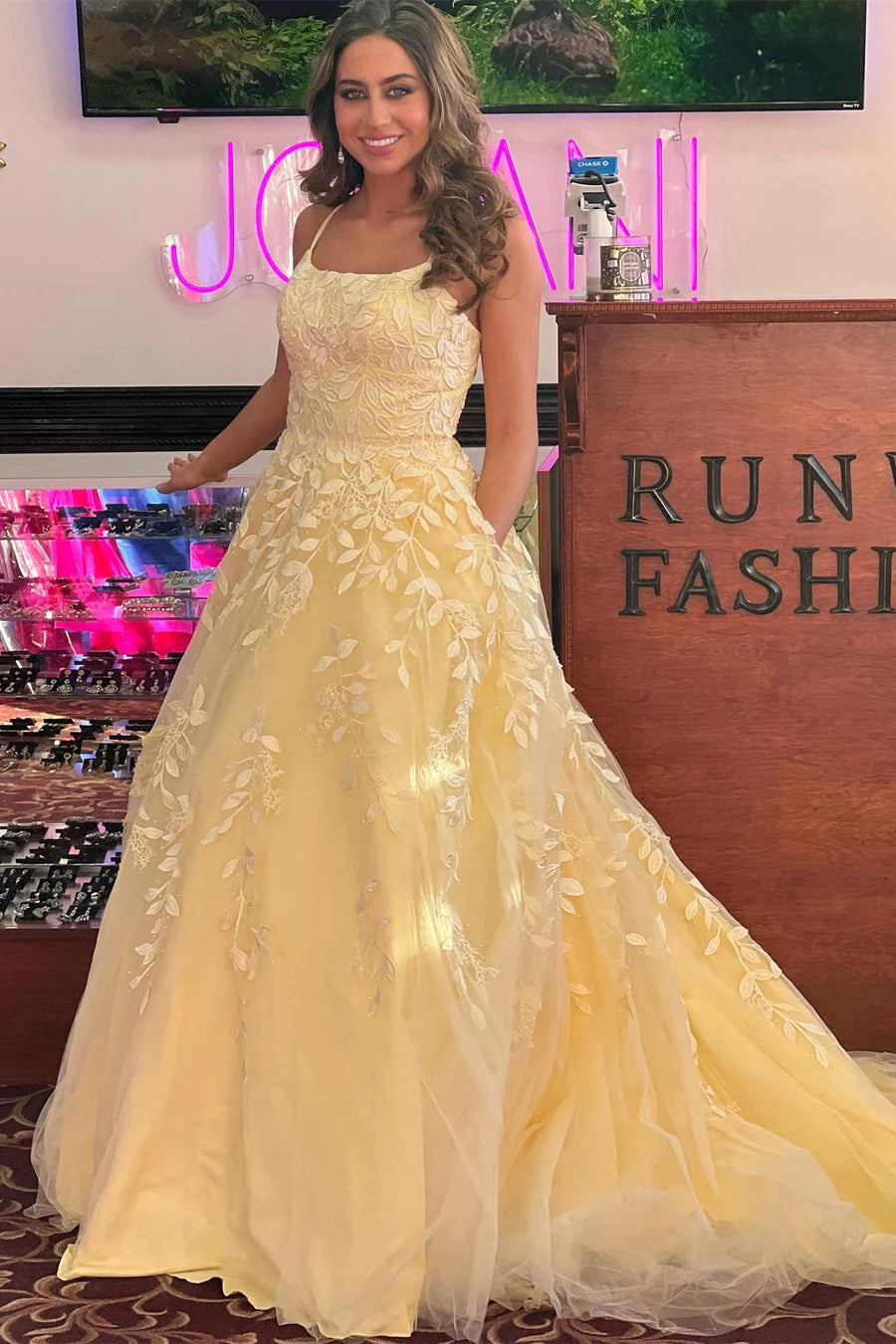 A-Line thin suspender backless embroidered long ball gown