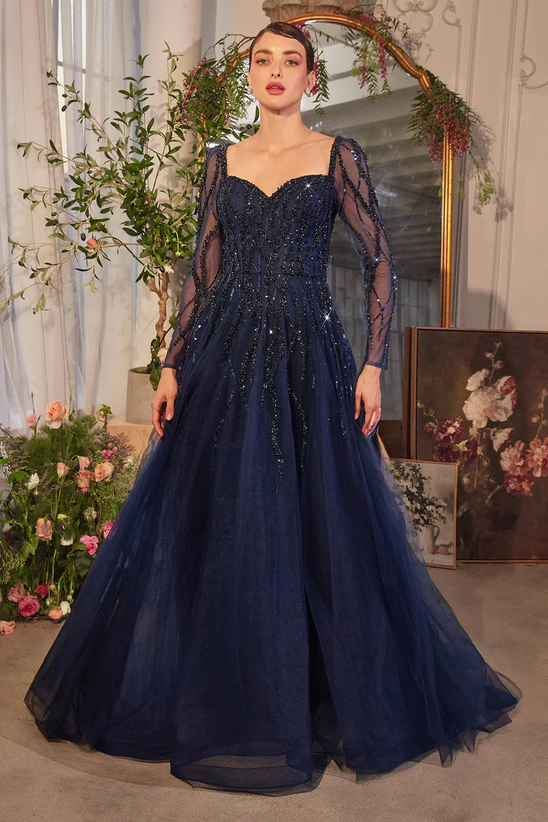 A-line V-neck long sleeved dress with side slit and rhinestones