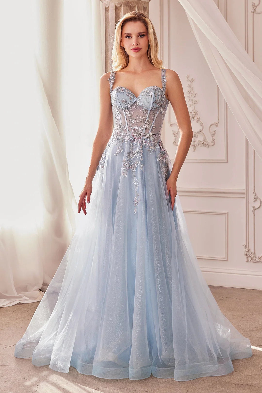 A-line V-neck thin suspender transparent corset dress with applique rhinestones