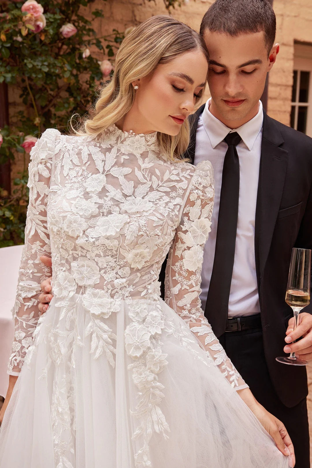 A-line decal long sleeved wedding dress
